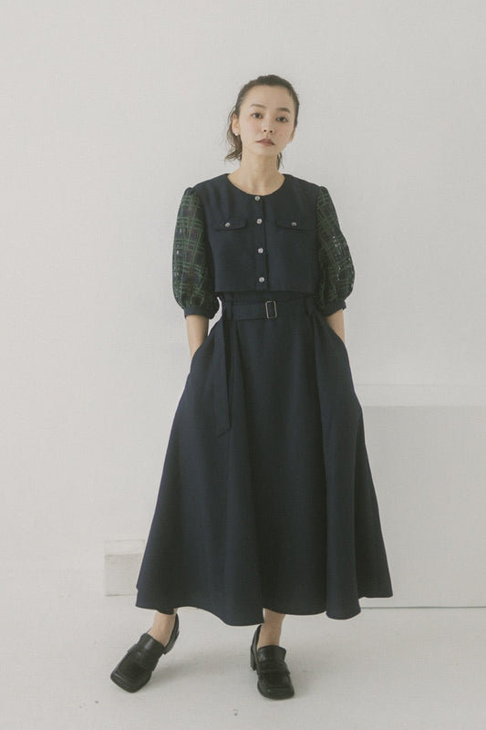 【Ruimeme】puff sleeve docking dress / navy