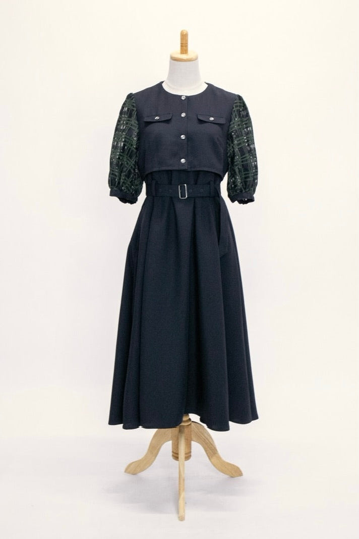 【Ruimeme】puff sleeve docking dress / navy