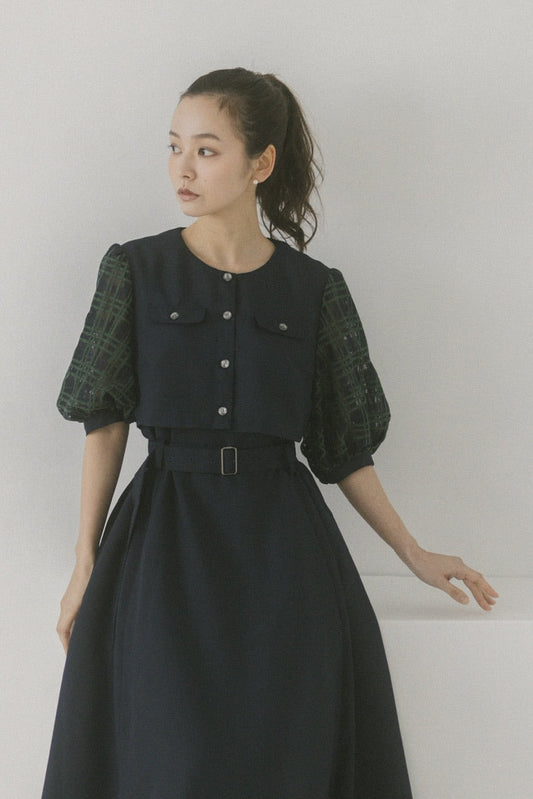 【Ruimeme】puff sleeve docking dress / navy