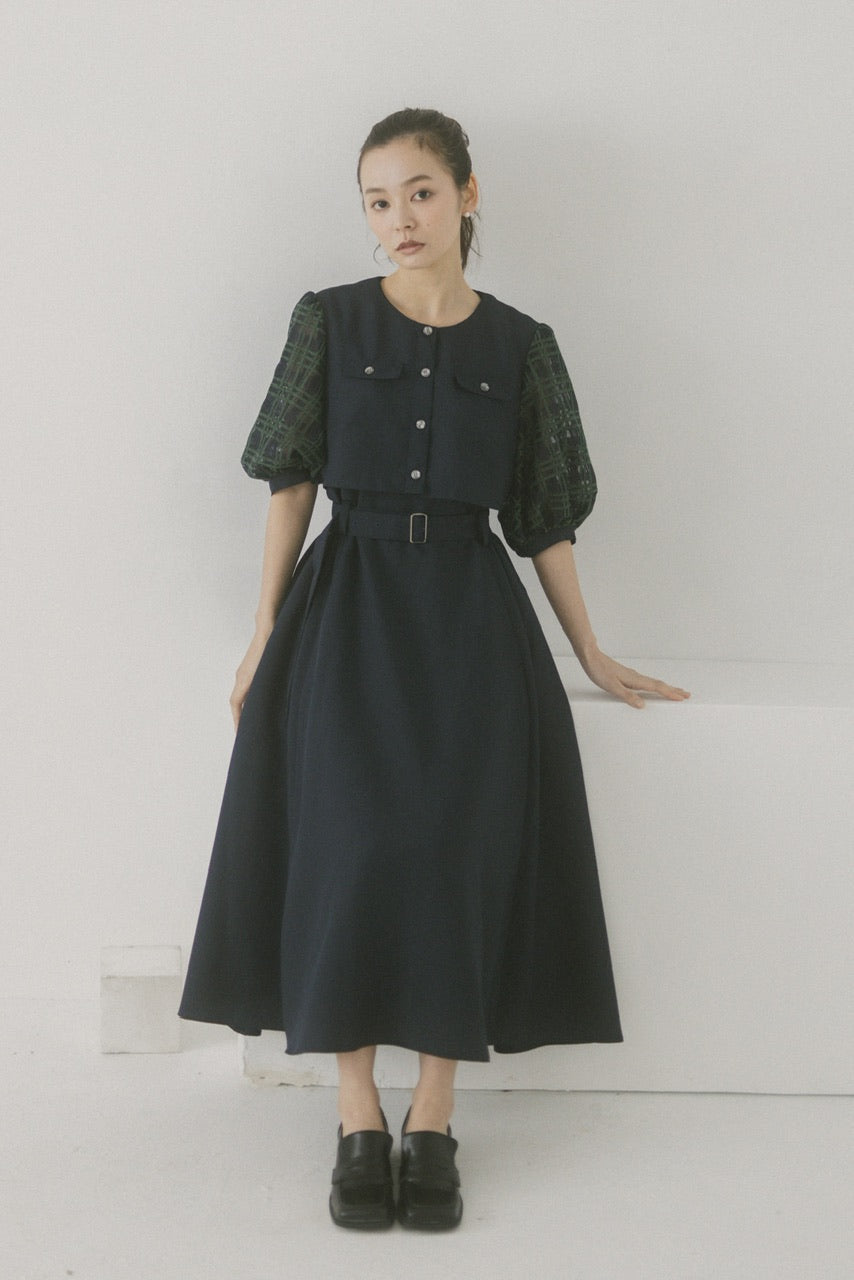 【Ruimeme】puff sleeve docking dress / navy