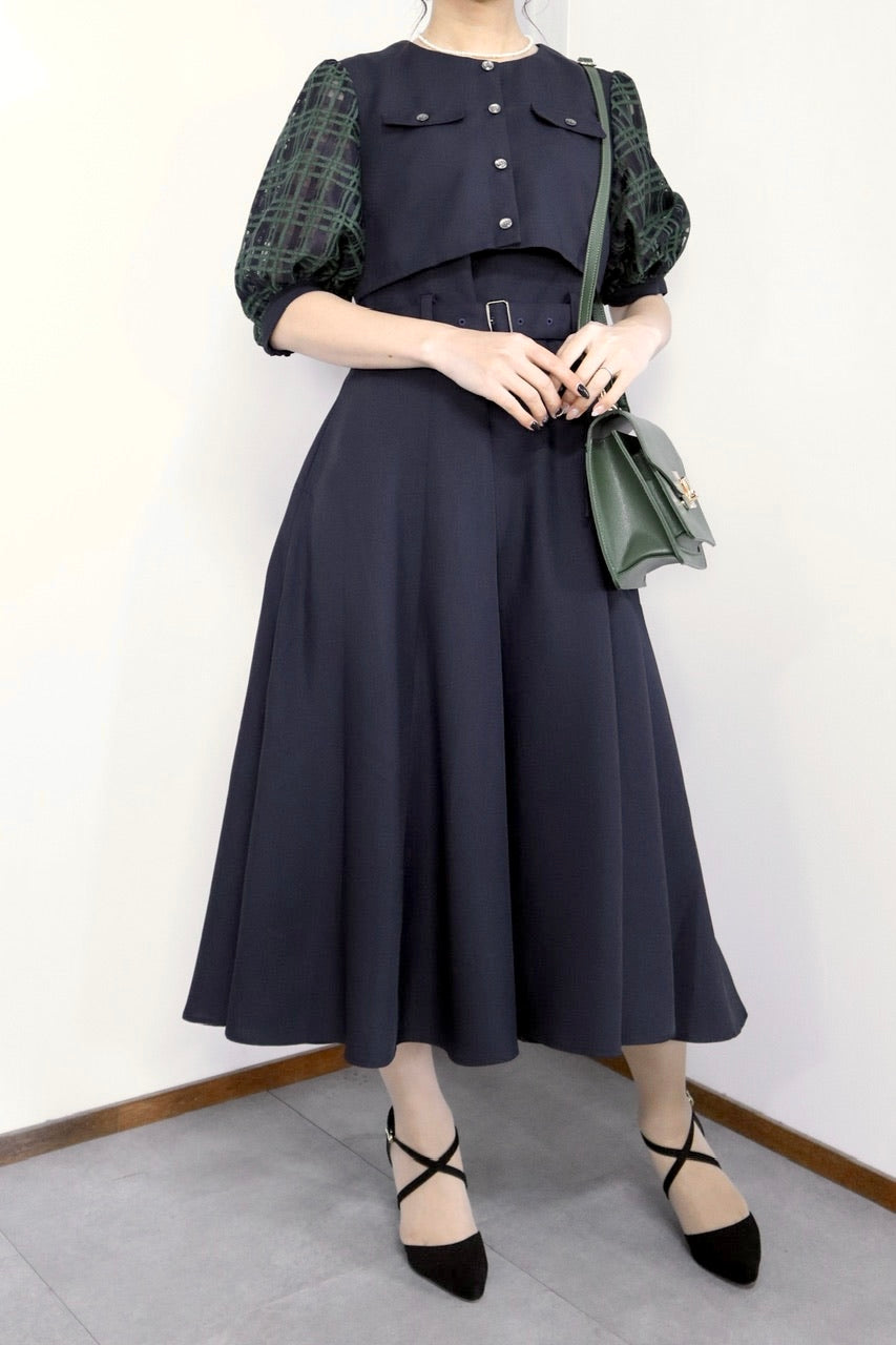 【Ruimeme】puff sleeve docking dress / navy