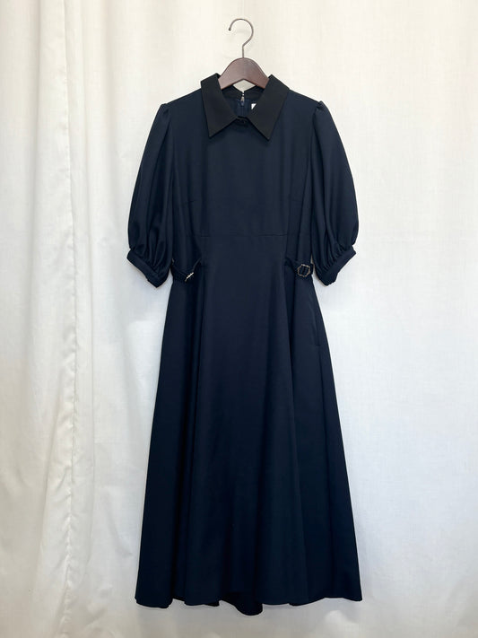 【SAMPLE】waist belt puff sleeve dress / navy