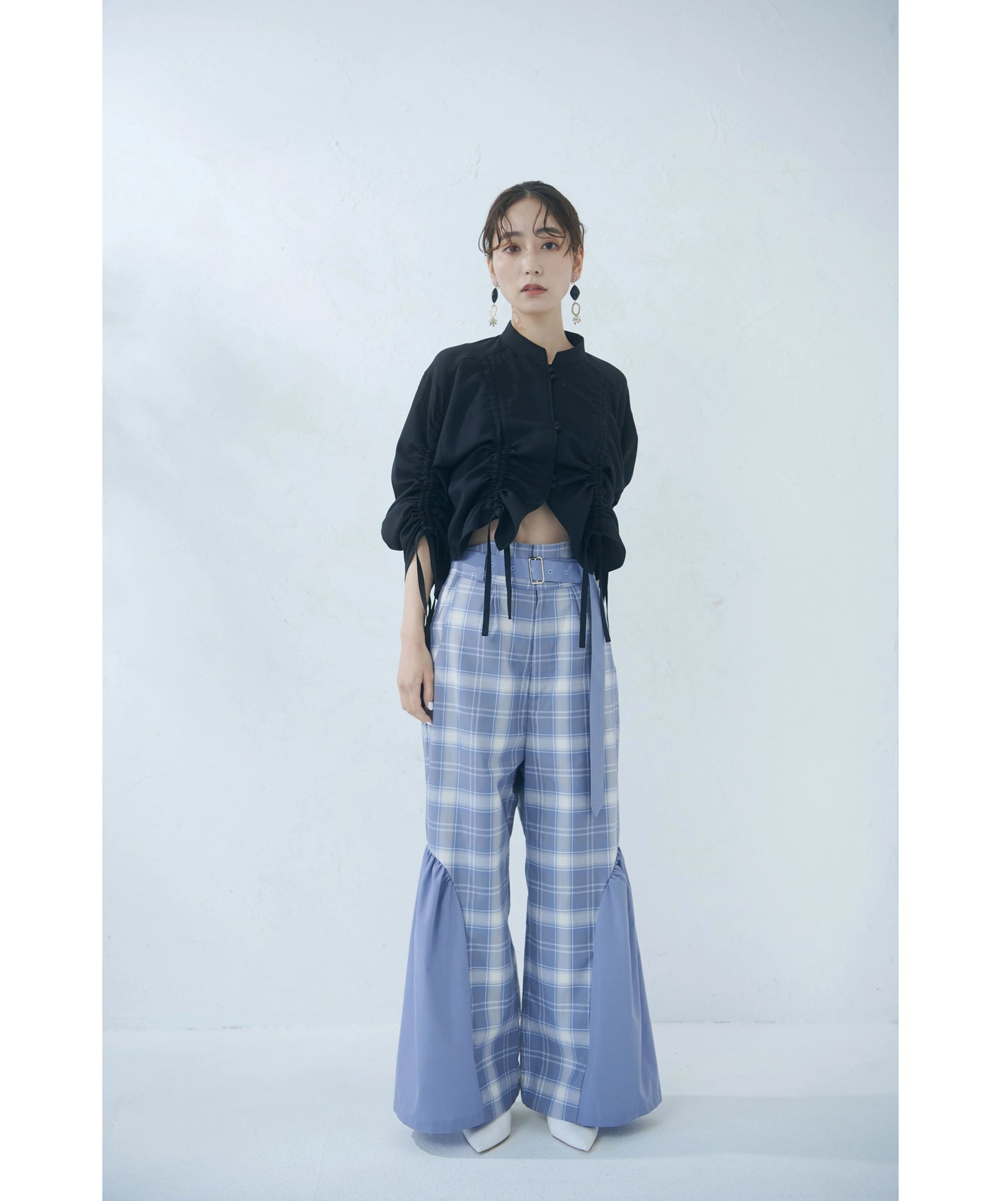 【jesh】Gather High Waist Wide Pants / Check