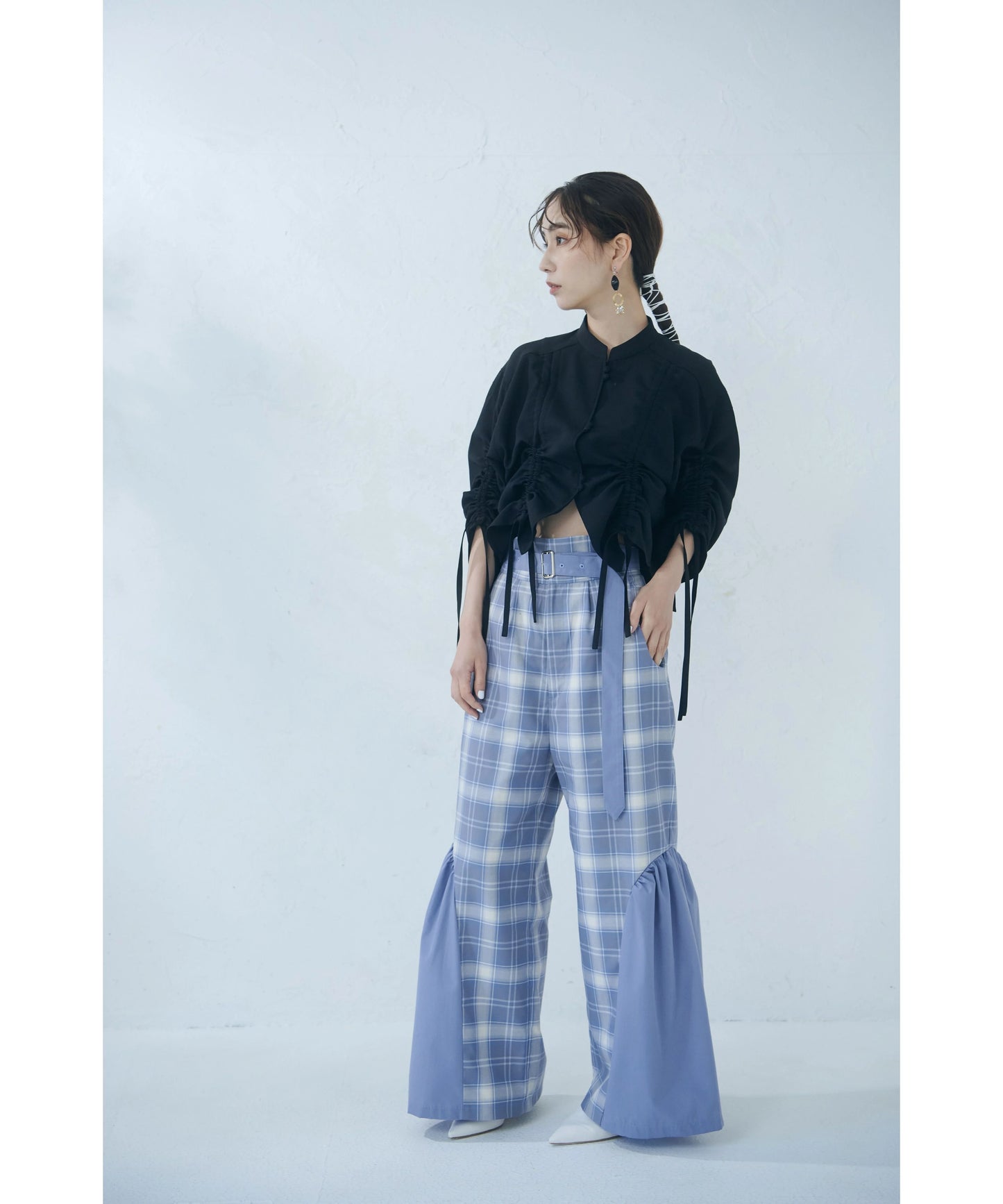 【jesh】Gather High Waist Wide Pants / Check