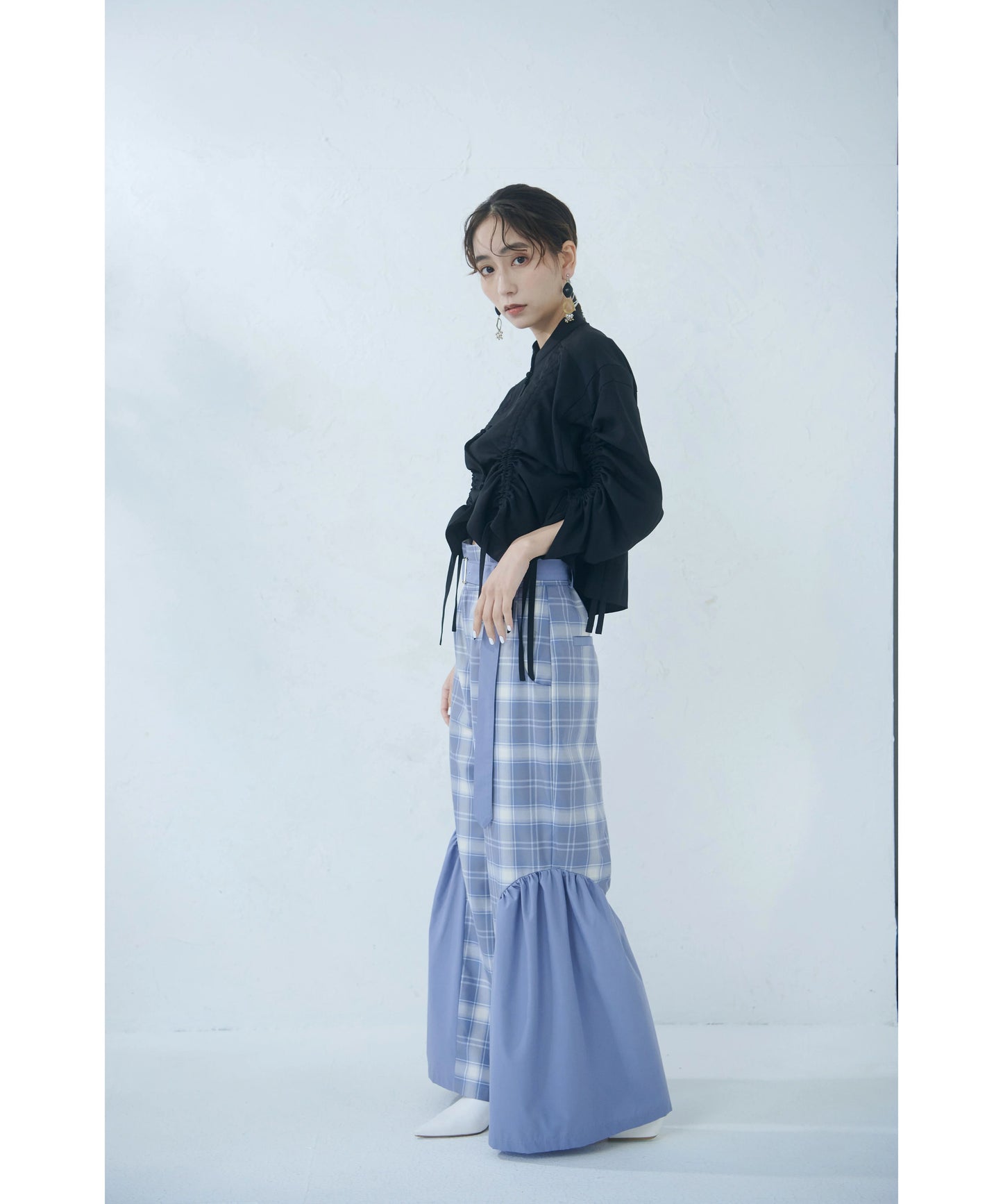 【jesh】Gather High Waist Wide Pants / Check