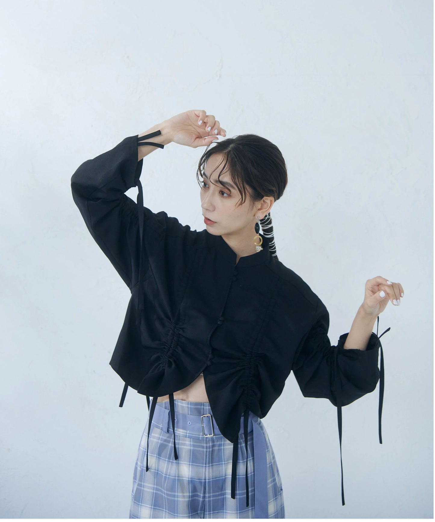 【jesh】Gather High Waist Wide Pants / Check